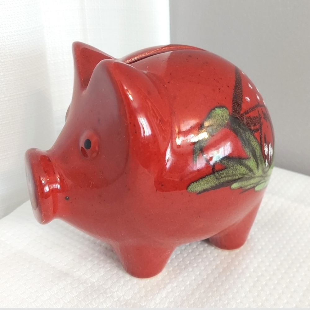 Stoneware Piggy Bank Glazed Mushroom Floral Coin Container Germany